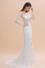 Gorgeous Jewel Tulle Lace Wedding Dress Long Sleeves Appliques Mermaid Bridal Gowns On Sale