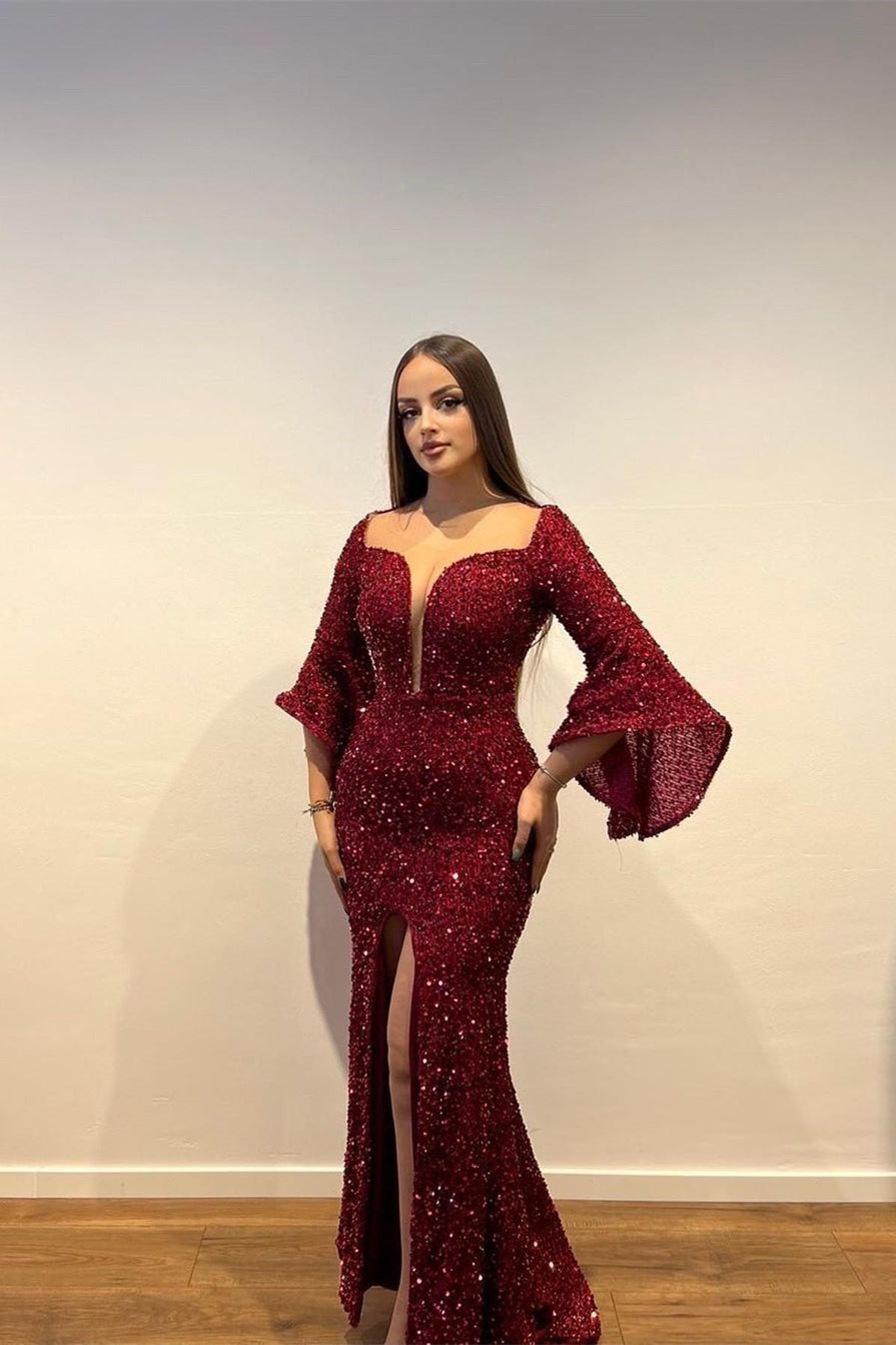 Gorgeous Long Burgundy Sequined Prom Dress with Long Sleeves and Split Front