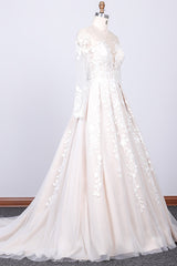 Gorgeous Longsleeves Jewel A-line Wedding Dresses White Appliques Lace Bridal Gowns On Sale