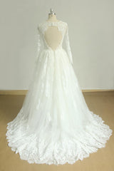 Gorgeous Longsleeves White Appliques Wedding Dress Tulle Lace Jewel Bridal Gown On Sale