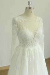 Gorgeous Longsleeves White Appliques Wedding Dress Tulle Lace Jewel Bridal Gown On Sale