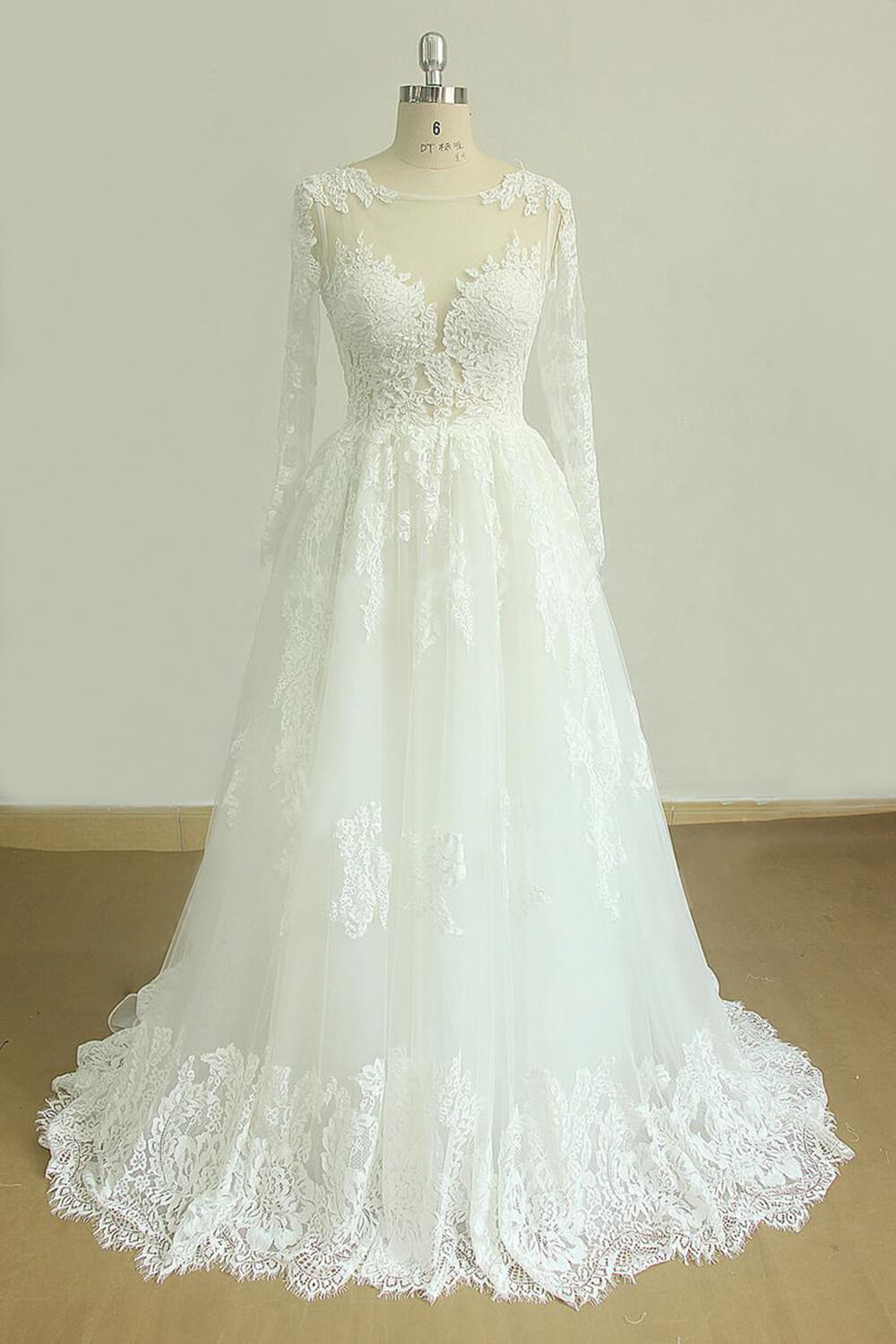 Gorgeous Longsleeves White Appliques Wedding Dress Tulle Lace Jewel Bridal Gown On Sale