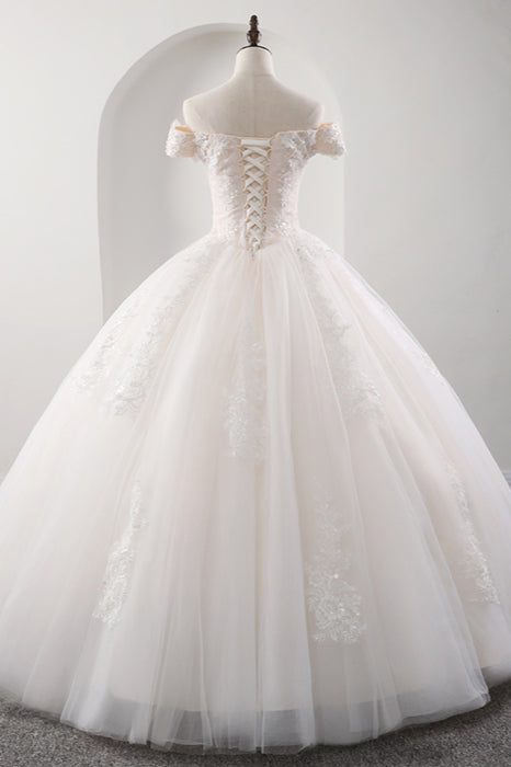 Gorgeous Off-the-shoulder Pink A-line Wedding Dresses Tulle Ruffles Bridal Gowns With Appliques Online