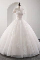 Gorgeous Off-the-shoulder Pink A-line Wedding Dresses Tulle Ruffles Bridal Gowns With Appliques Online