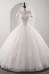 Gorgeous Off-the-shoulder Pink A-line Wedding Dresses Tulle Ruffles Bridal Gowns With Appliques Online