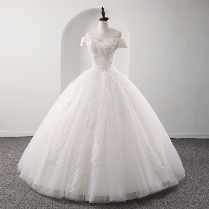 Gorgeous Off-the-shoulder Pink A-line Wedding Dresses Tulle Ruffles Bridal Gowns With Appliques Online