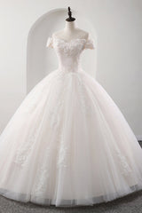 Gorgeous Off-the-shoulder Pink A-line Wedding Dresses Tulle Ruffles Bridal Gowns With Appliques Online