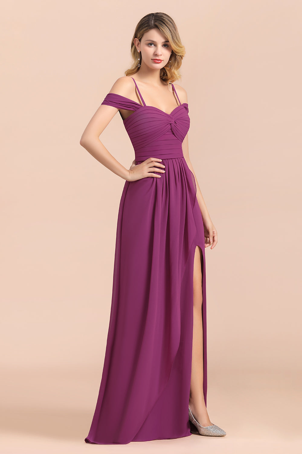 Gorgeous Off-the-Shoulder Ruffle Orchid Bridesmaid Dress Online with Slit