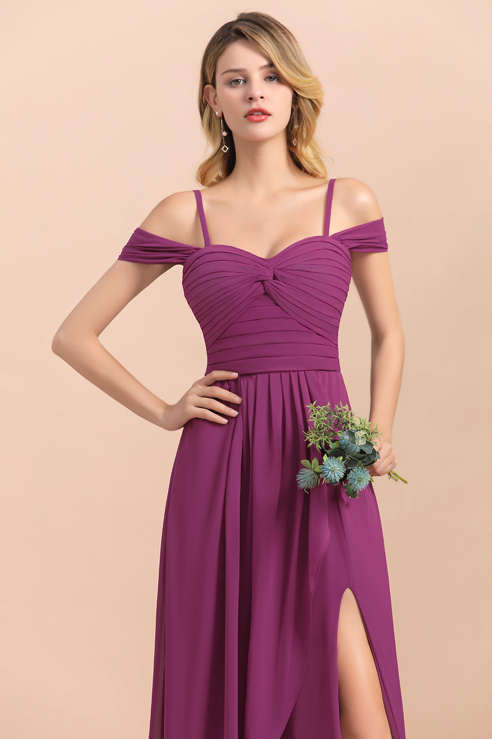 Gorgeous Off-the-Shoulder Ruffle Orchid Bridesmaid Dress Online with Slit