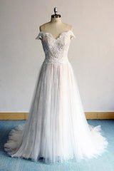 Gorgeous Off-the-shoulder Sweetheart Appliques Wedding Dresses A-line Lace Ruffles Bridal Gowns On Sale