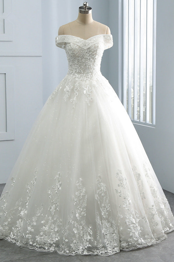 Gorgeous Off-the-Shoulder Tulle Appliques Wedding Dress Sweetheart Sleeveless Lace Bridal Gowns On Sale