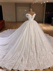 Gorgeous Off-the-shoulder V-neck Lace Wedding Dresses A-line White Ruffles Bridal Gowns With Appliques On Sale