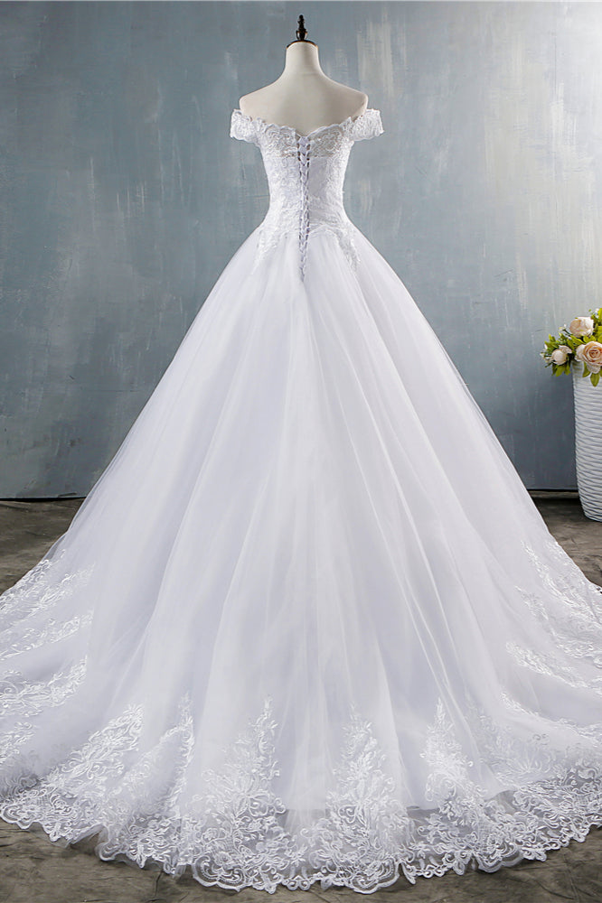 Gorgeous Off-the-Shoulder White Tulle Wedding Dress Lace Appliques Bridal Gowns On Sale