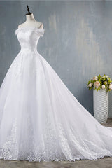 Gorgeous Off-the-Shoulder White Tulle Wedding Dress Lace Appliques Bridal Gowns On Sale