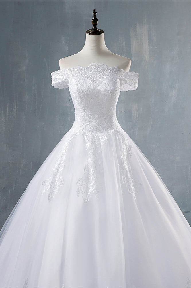 Gorgeous Off-the-Shoulder White Tulle Wedding Dress Lace Appliques Bridal Gowns On Sale