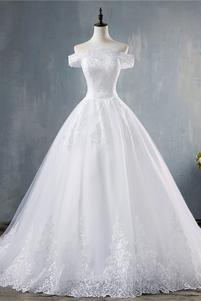 Gorgeous Off-the-Shoulder White Tulle Wedding Dress Lace Appliques Bridal Gowns On Sale