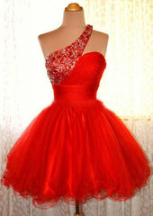 Gorgeous One-Shoulder A-Line Homecoming Dress with Beading and Short/Mini Hem