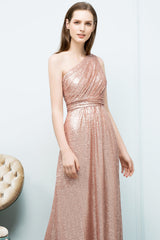 Gorgeous Sequined One-shoulder Bridesmaid Dress with Ruffles