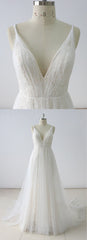 Gorgeous Simple White Lace V-Neck Long Wedding Dress Sleeveless Appliques Bridal Gowns On Sale