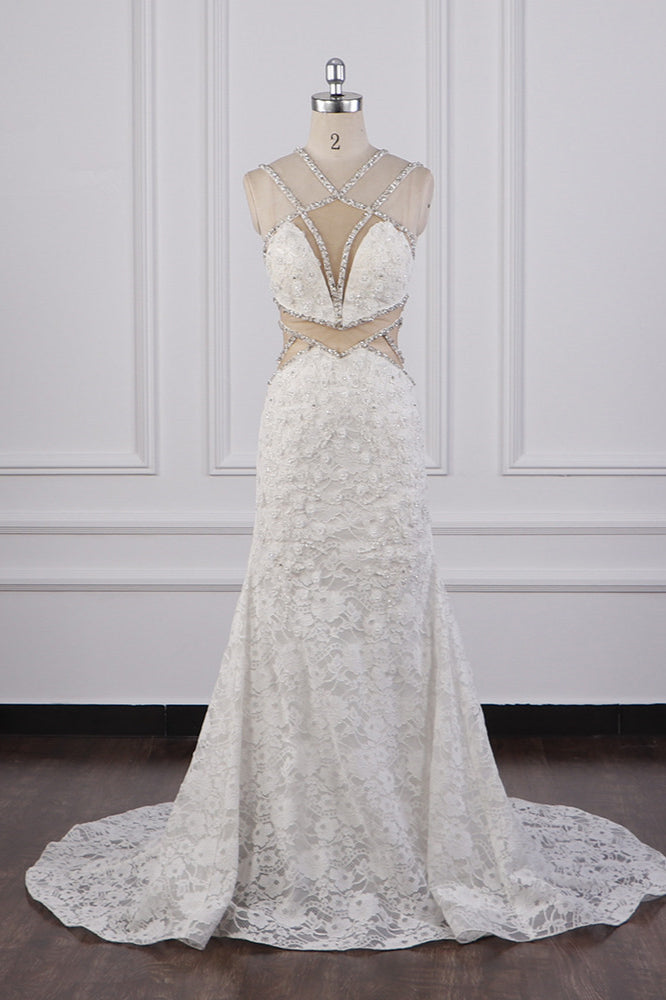 Gorgeous Sleeveless Lace Beadings Wedding Dress Appliques Rhinestones Bridal Gowns Online