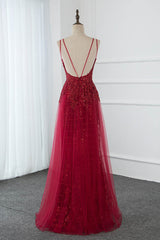 Gorgeous Spaghetti Straps Burgundy Prom Dresses with Beading Appliques