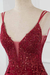 Gorgeous Spaghetti Straps Burgundy Prom Dresses with Beading Appliques