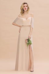 Gorgeous Spaghetti Straps Flounced Crinkle Affordable Bridesmaid Dresses with Slit