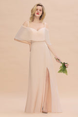 Gorgeous Spaghetti Straps Flounced Crinkle Affordable Bridesmaid Dresses with Slit