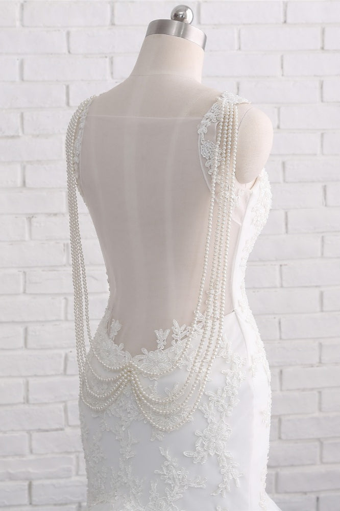 Gorgeous Spaghetti Straps V-Neck Mermaid Wedding Dress White Lace Appliques Sleeveless Bridal Gowns Online
