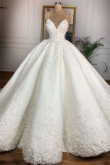 Gorgeous Spaghetti Straps White A-line Wedding Dresses With Appliques Satin Ruffles Bridal Gowns Online