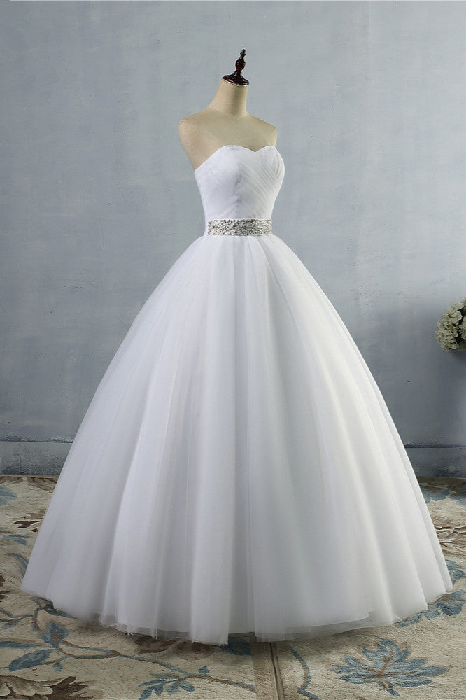 Gorgeous Strapless Sweetheart Tulle Wedding Dress Sleeveless Ruffles Bridal Gowns with Beadings Sash