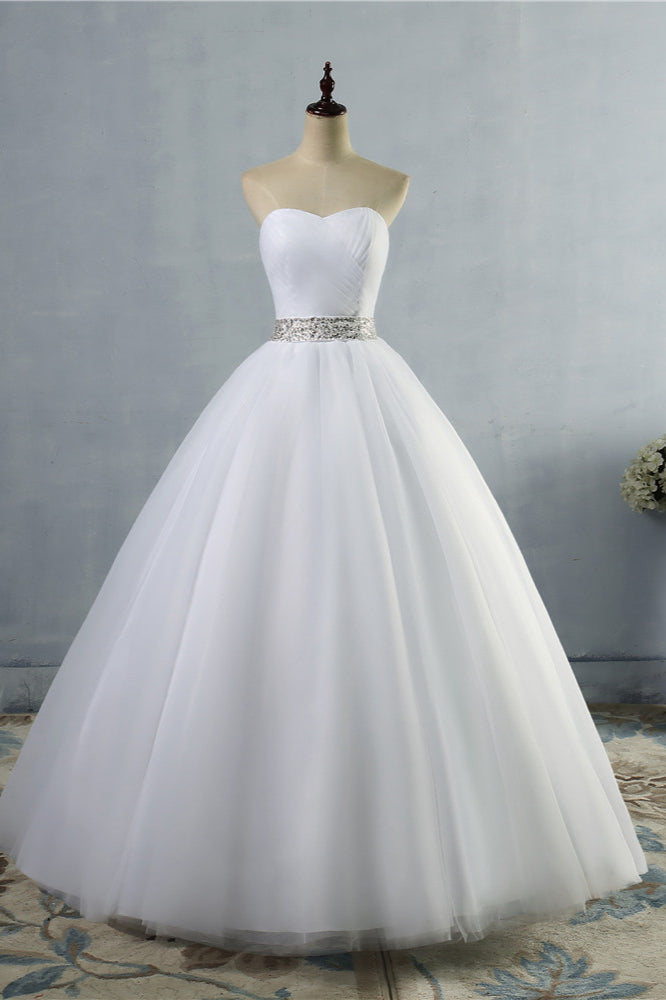 Gorgeous Strapless Sweetheart Tulle Wedding Dress Sleeveless Ruffles Bridal Gowns with Beadings Sash