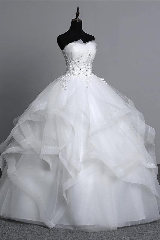 Gorgeous Strapless Tulle Layers Wedding Dress Appliques Beadings Bridal Gowns Online