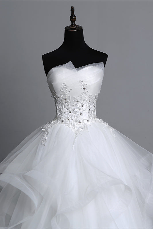 Gorgeous Strapless Tulle Layers Wedding Dress Appliques Beadings Bridal Gowns Online