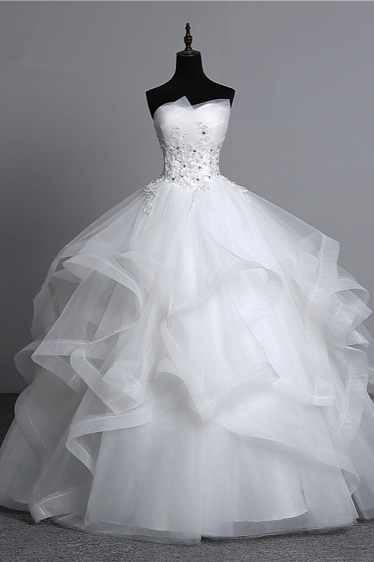 Gorgeous Strapless Tulle Layers Wedding Dress Appliques Beadings Bridal Gowns Online