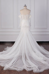 Gorgeous Strapless White Tulle Lace Wedding Dress Long Sleeves Beadings Bridal Gowns On Sale