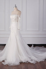 Gorgeous Strapless White Tulle Lace Wedding Dress Long Sleeves Beadings Bridal Gowns On Sale