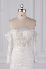 Gorgeous Strapless White Tulle Lace Wedding Dress Long Sleeves Beadings Bridal Gowns On Sale