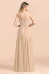 Gorgeous Straps Sleeveless Champagne Chiffon Affordable Bridesmaid Dresses Online with Ruffle