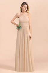 Gorgeous Straps Sleeveless Champagne Chiffon Affordable Bridesmaid Dresses Online with Ruffle