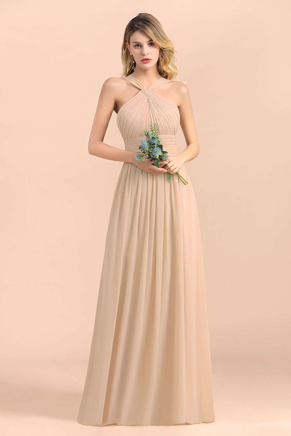 Gorgeous Straps Sleeveless Champagne Chiffon Affordable Bridesmaid Dresses Online with Ruffle