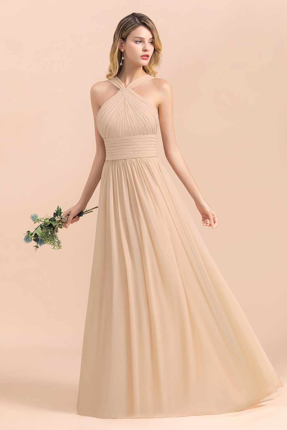 Gorgeous Straps Sleeveless Champagne Chiffon Affordable Bridesmaid Dresses Online with Ruffle