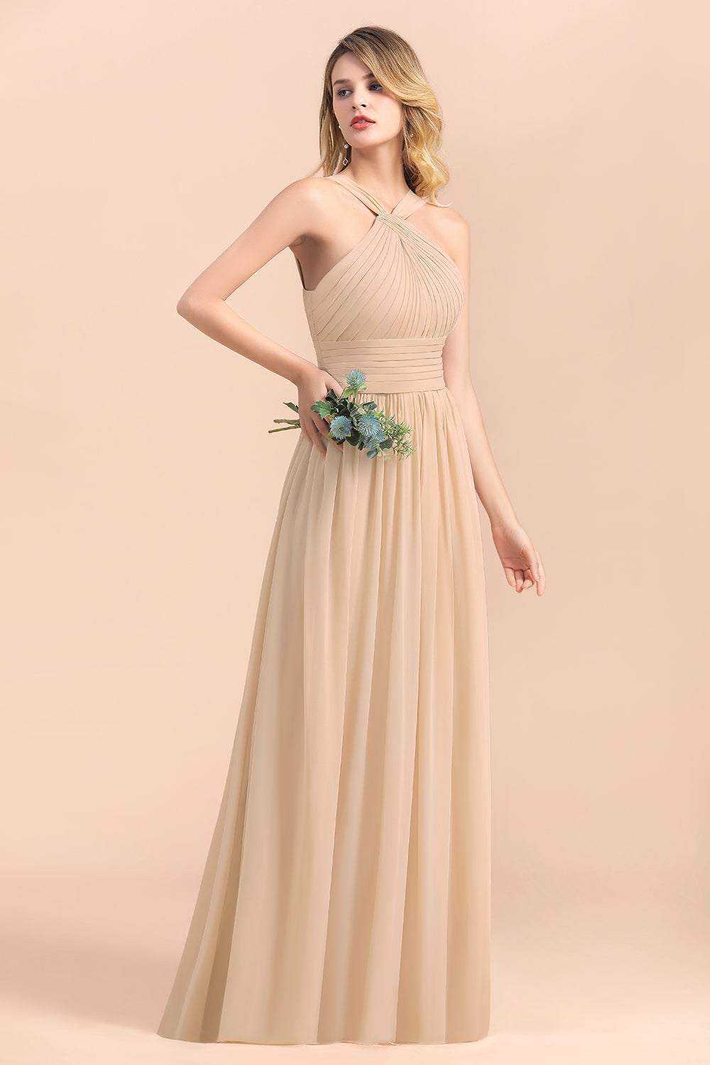 Gorgeous Straps Sleeveless Champagne Chiffon Affordable Bridesmaid Dresses Online with Ruffle