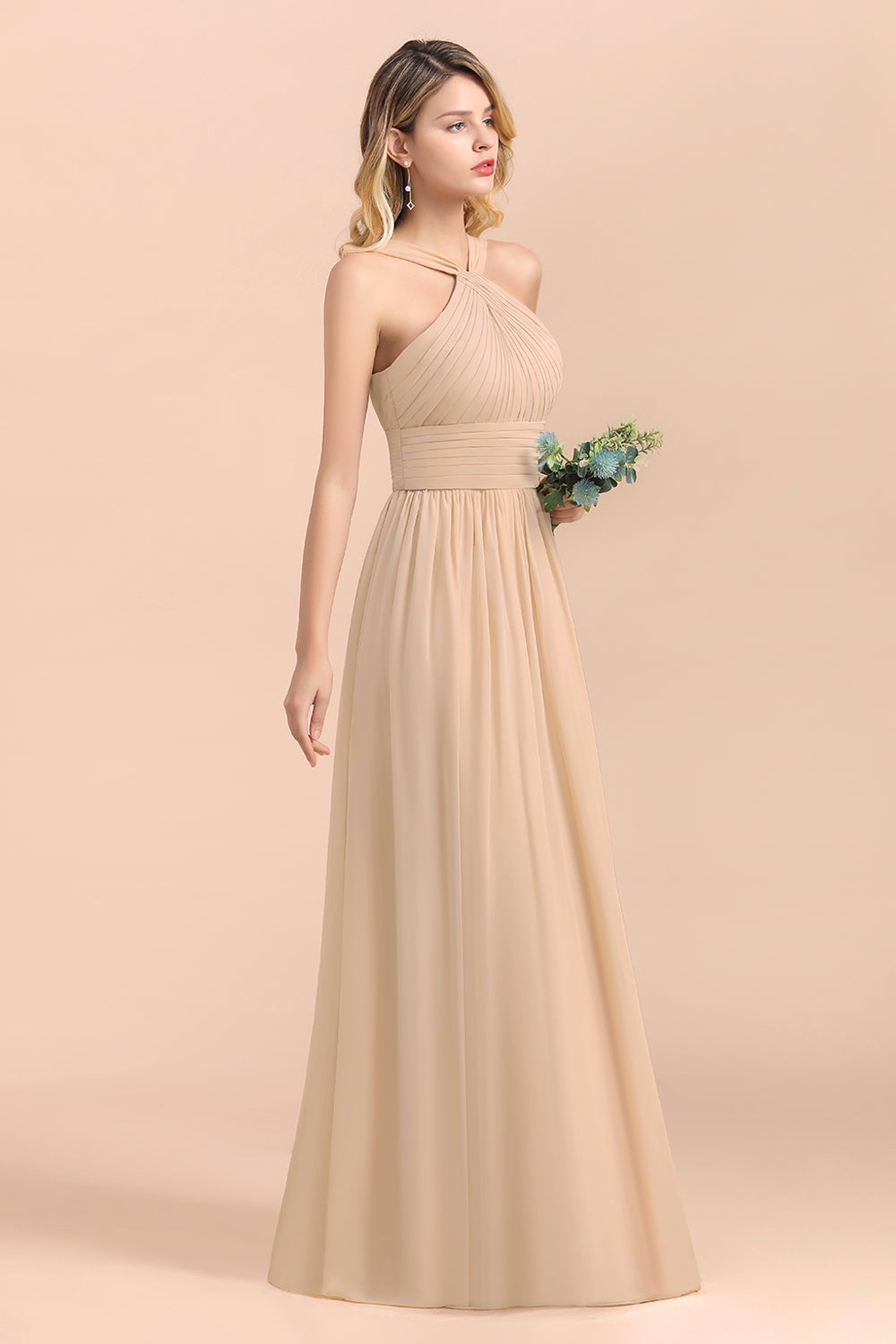 Gorgeous Straps Sleeveless Champagne Chiffon Affordable Bridesmaid Dresses Online with Ruffle