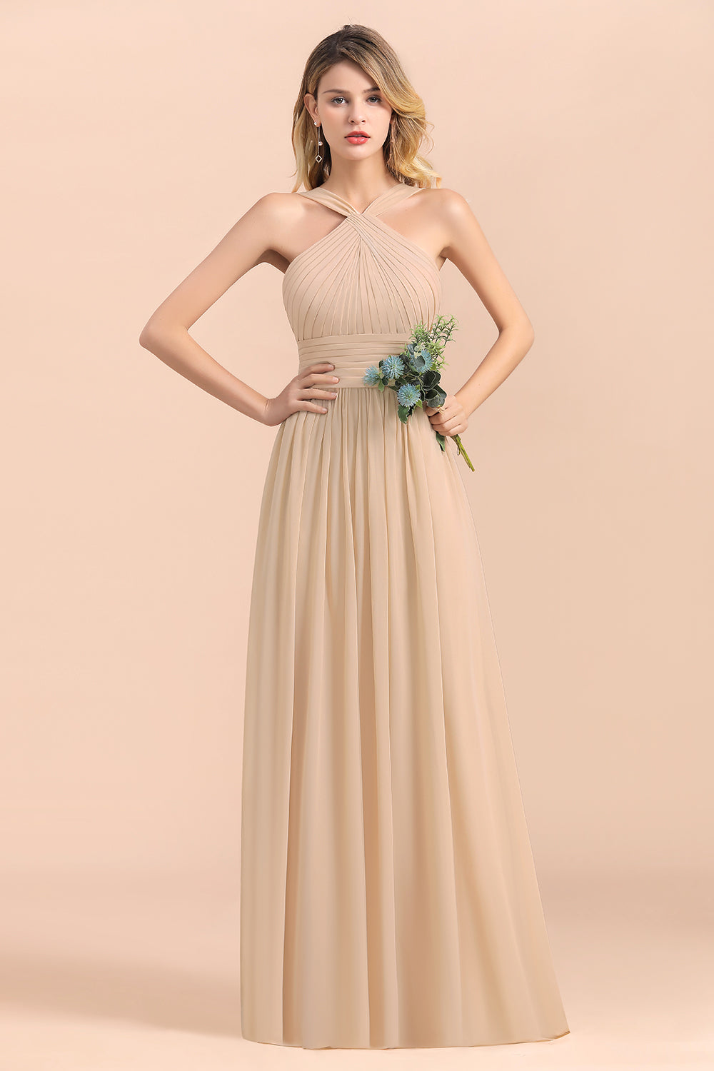 Gorgeous Straps Sleeveless Champagne Chiffon Affordable Bridesmaid Dresses Online with Ruffle