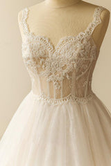 Gorgeous Straps Sleeveless Tulle Wedding Dresses A-line Appliques Lace Bridal Gowns On Sale