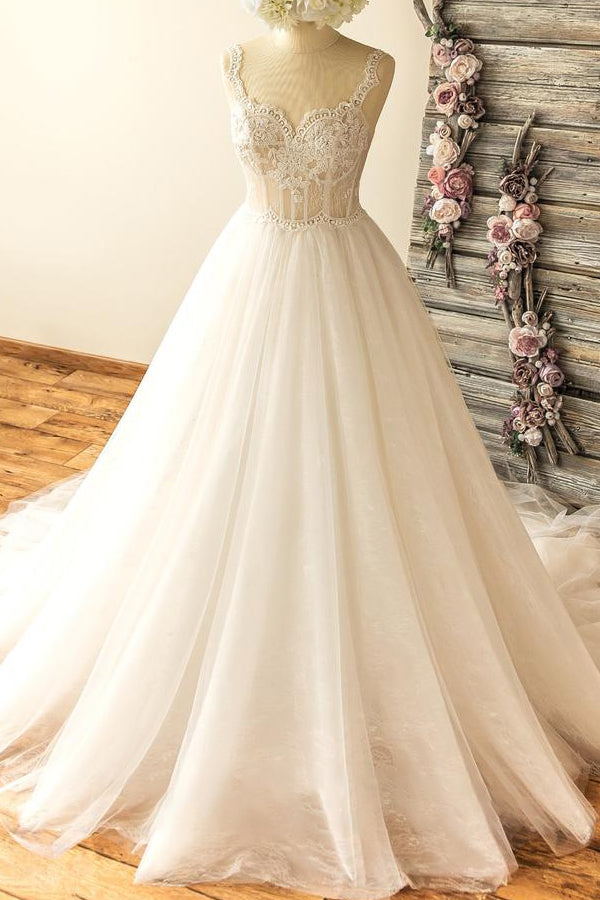 Gorgeous Straps Sleeveless Tulle Wedding Dresses A-line Appliques Lace Bridal Gowns On Sale