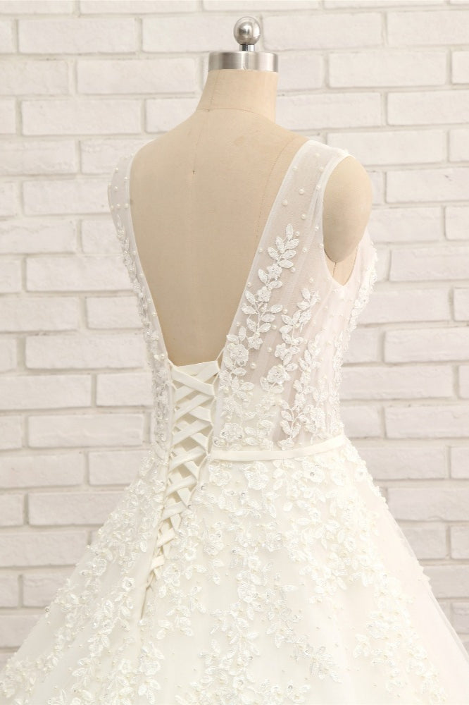 Gorgeous Straps Sleeveless White Wedding Dresses With Appliques A-line Tulle Ruffles Bridal Gowns Online