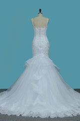 Gorgeous Straps Sweetheart Mermaid Wedding Dress Tulle Lace Appliques Ruffles Bridal Gowns Online