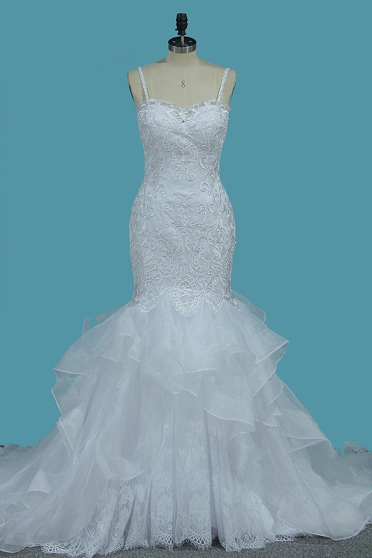 Gorgeous Straps Sweetheart Mermaid Wedding Dress Tulle Lace Appliques Ruffles Bridal Gowns Online